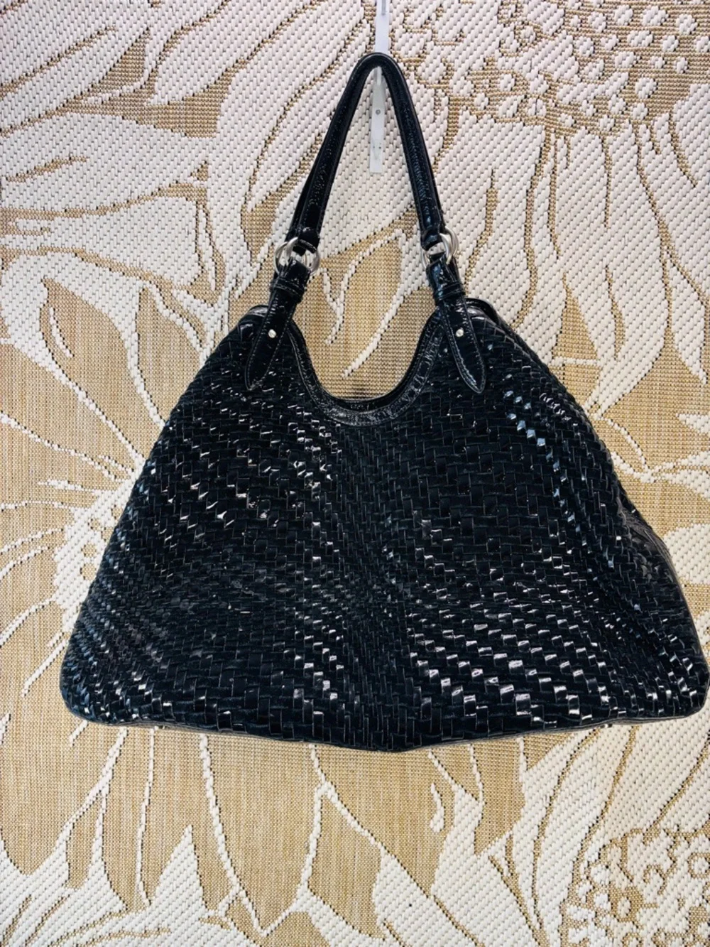 Cole Haan Genevieve | Black Woven Patent Leather Triangle Tote Shoulder Bag